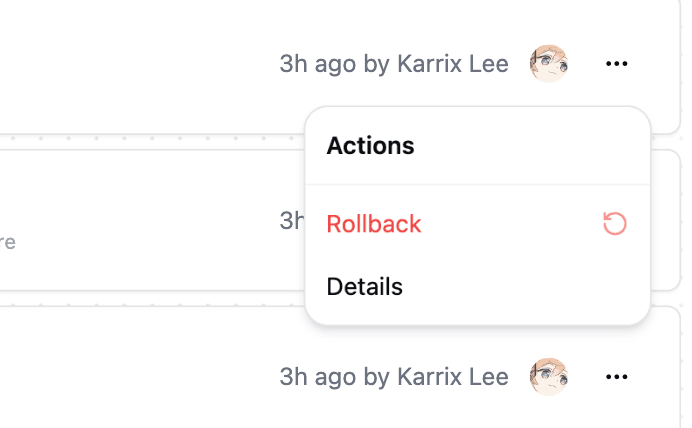 Select the Rollback button from the machine version action menu