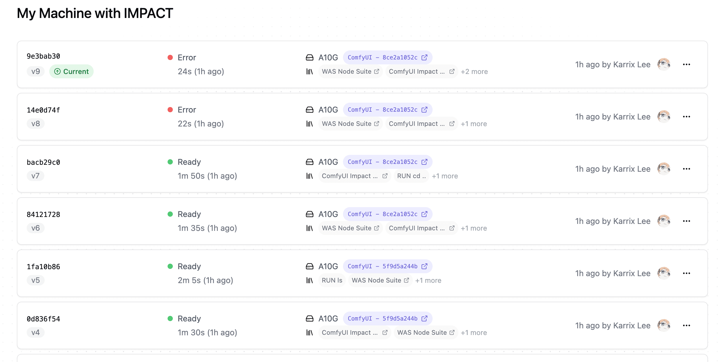 Machine version list showing 9 versions with different statuses and timestamps